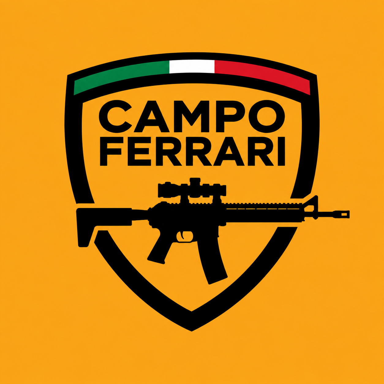 Emblema Campo Ferrari em preto e amarelo, com faixa nas cores da Itália